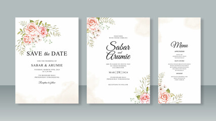Minimalist wedding card invitation set template with watercolor floral and splash