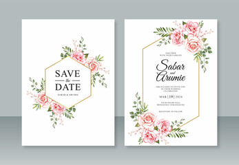 Fototapeta na wymiar Floral watercolor painting and geometric frame for wedding invitation template
