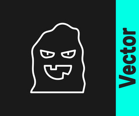 White line Funny and scary ghost mask for Halloween icon isolated on black background. Happy Halloween party. Vector