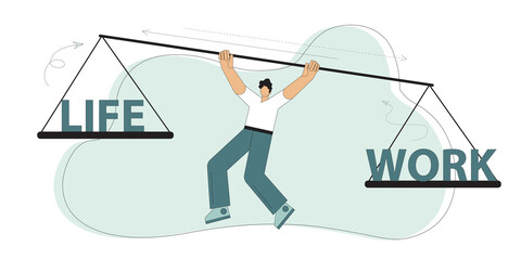 Balance work and personal life, like a career or family relationship. A man holds in his hands the scales on which life and work. Vector flat illustration. - obrazy, fototapety, plakaty
