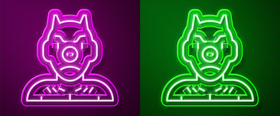 Glowing neon line Krampus, heck icon isolated on purple and green background. Horned devil. Traditional Christmas devil. Happy Halloween party. Vector