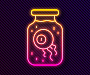 Glowing neon line Eye in a jar icon isolated on black background. Happy Halloween party. Vector