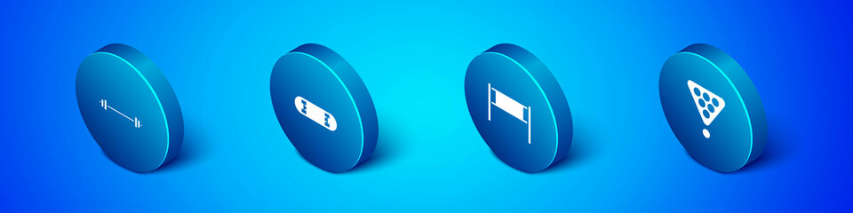 Set Isometric Barbell, Volleyball net, Billiard balls in rack triangle and Skateboard trick icon. Vector