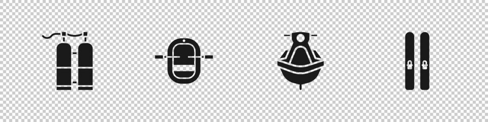 Set Aqualung, Rafting boat, Jet ski and Ski and sticks icon. Vector
