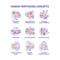 Naklejka premium Human trafficking concept icons set. Illegal slavery and exploitation idea thin line color illustrations. Human trade. Post traumatic mental issues. Vector isolated outline drawings. Editable stroke
