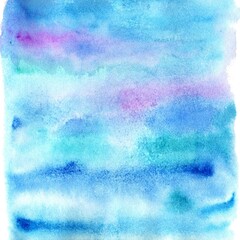 Blue watercolor background. Abstract spots and brush strokes, hand painting illustration