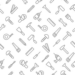 Tools line icon set seamless pattern. Repair work outline instruments. Vector isolated on white
