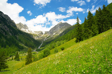 Fototapeta na wymiar Panoramic view over the high alpine valley of Mühlwald South Tirol