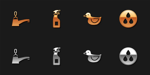 Set Water tap, Cleaning spray bottle, Rubber duck and drop icon. Vector