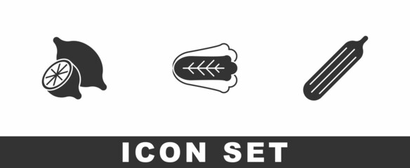 Set Lemon, Cabbage and Fresh cucumber icon. Vector