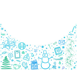 Hand drawn christmas symbols. Freehand background. Sketchy xmas banner with holiday elements. Winter holidays. Happy New Year. Colored illustration