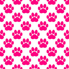 Pink paw print seamless repeating background pattern. Cat or dog footprints. Vector illustration. 