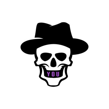 skull head face with cowboy hat logo, silhouette of black skull vector illustrations