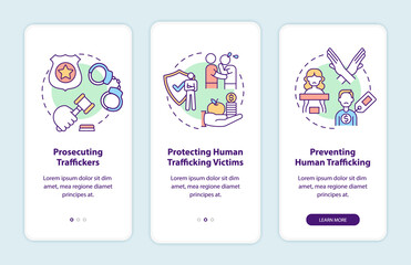 Anti-trafficking policy elements onboarding mobile app page screen. Social measures walkthrough 3 steps graphic instructions with concepts. UI, UX, GUI vector template with linear color illustrations