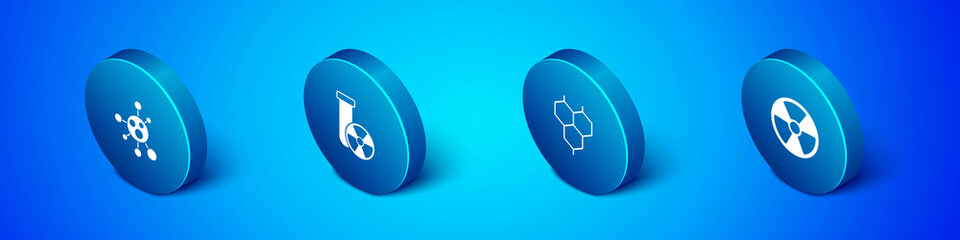 Set Isometric Molecule, Chemical formula, Radioactive and Test tube radiation icon. Vector
