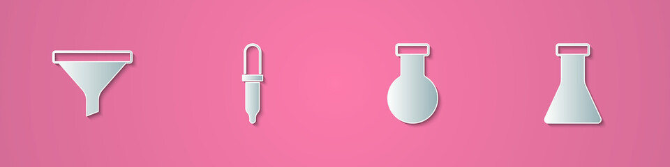 Set paper cut Funnel or filter, Pipette, Test tube and flask and icon. Paper art style. Vector