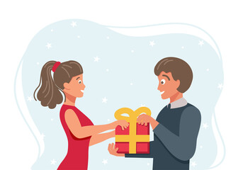 Happy young man and woman, family couple exchange presents on a Christmas Eve. Flat vector illustration.