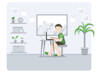 Young boy working from home, sitting on chair with computer in living room interior, student or freelancer for home office or study concept. Flat vector illustration.