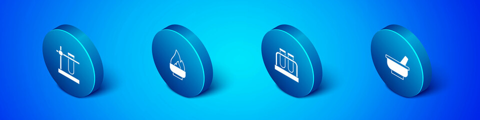 Set Isometric Test tube flask on stand, , Mortar pestle and Alcohol spirit burner icon. Vector