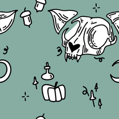 Hand-drawn pattern with cat skull. Halloween pattern with cats.