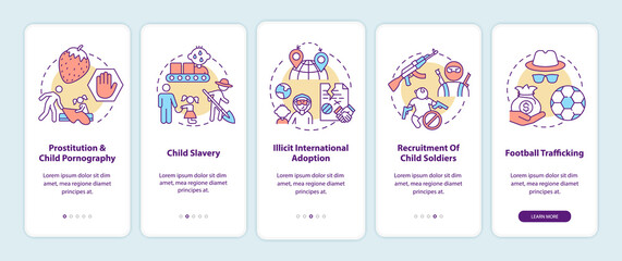 Trafficking of children onboarding mobile app page screen. Child exploitation walkthrough 5 steps graphic instructions with concepts. UI, UX, GUI vector template with linear color illustrations