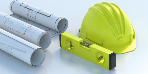 Spirit bubble level blueprints and hardhat on white background. 3d illustration