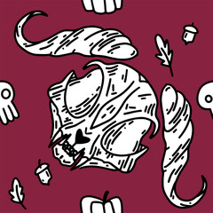 Hand-drawn pattern with cat skull. Halloween pattern with cats.