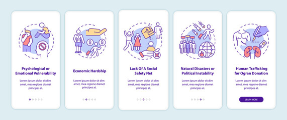 Human trafficking reasons onboarding mobile app page screen. Causes for human trade walkthrough 5 steps graphic instructions with concepts. UI, UX, GUI vector template with linear color illustrations