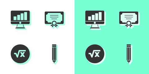 Set Pencil, Computer monitor with graph chart, Square root of x glyph and Certificate template icon. Vector