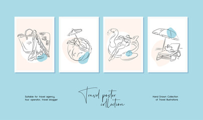 Obraz premium Minimal hand drawn travel vector illustration set for wall art or poster design.
