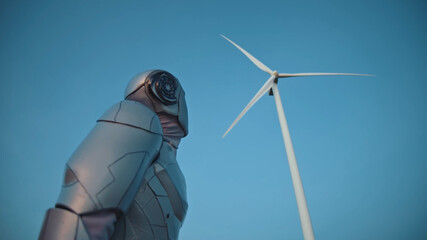 Beautiful modern robot engineer on windmill farm checking the process looking around. Modern technology innovation. Workflow automation concept. Human future.