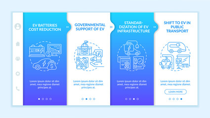 EV governmental support onboarding vector template. Responsive mobile website with icons. Web page walkthrough 4 step screens. Eco-friendly transport structures color concept with linear illustrations