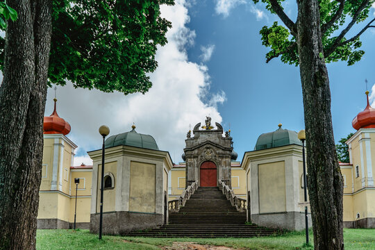 Mountain of Holy Mother with Baroque Hedec Monastery and alley in East Bohemia,Czech Republic.Famous pilgrimage site.Religious background.