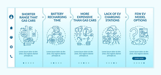 Electric vehicles range onboarding vector template. Responsive mobile website with icons. Web page walkthrough 5 step screens. Eco transport nuances color concept with linear illustrations