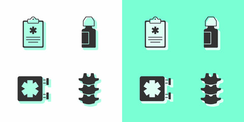 Set Human spine, Clinical record, Medical symbol of the Emergency and Eye drop bottle icon. Vector