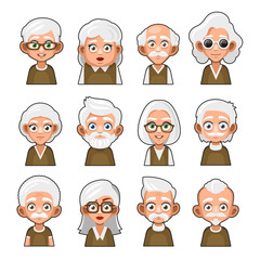 Old Man and Woman Cartoon Icon. Cute Avatar Set. Vector