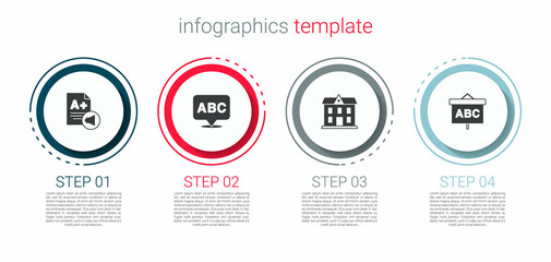 Set Exam sheet with A plus grade, Alphabet, School building and Chalkboard. Business infographic template. Vector