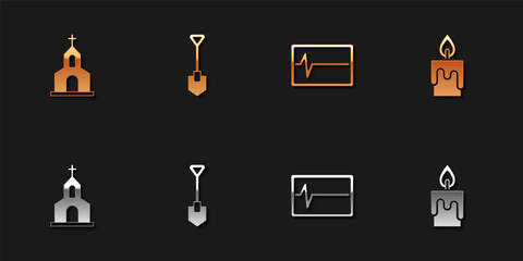 Set Church building, Shovel, Beat dead monitor and Burning candle icon. Vector