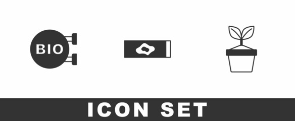 Set Bio healthy food, Blood test and virus and Plant in pot icon. Vector