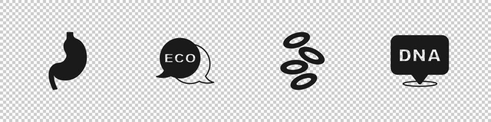 Set Human stomach, Label for eco healthy food, Hemoglobin and DNA symbol icon. Vector