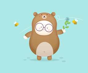 Cute baby in bear costume playing with bee. Mascot cartoon illustration Premium Vector