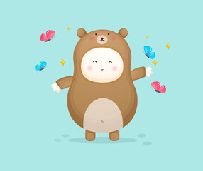 Cute baby in bear costume playing with butterfly. Mascot cartoon illustration Premium Vector