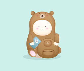 Cute baby in bear costume ready go to school. Mascot cartoon illustration Premium Vector