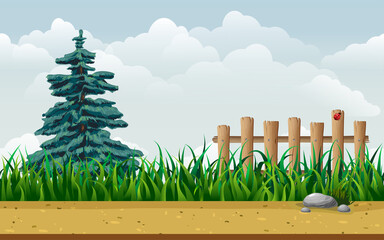 seamless countryside cartoon landscape. endless parallax game background with fir tree, grass, ground, stones on road, fence and blue sky. sunny summer day horizontal illustration for game design