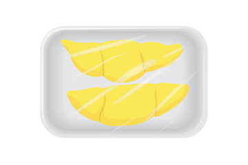 Top view of fruit product durian on plastic tray package. Fresh tropical fruit durian product. Vector and illustration design.