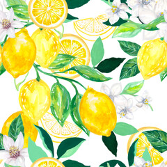Seamless citrus repeat pattern background Hand drawn illustration with lemons tree foliage blossom and leaf