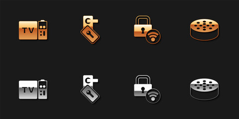 Set Multimedia and TV box receiver, Digital door lock, and Water sensor icon. Vector