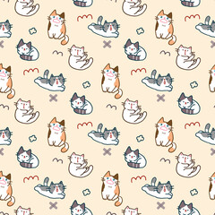 Seamless Pattern with Cartoon Cat Illustration Design on Light Yellow Background