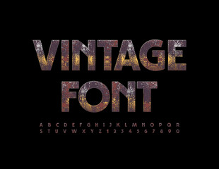 Vector Vintage Font. Rusted Metallic Alphabet Letters and Numbers. 