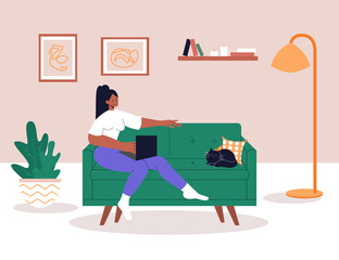 Interracial lesbian couple relaxing on comfy sofa in living room. Spending time together in apartment. Woman with laptop. People sitting on couch. Post-quarantine lifestyle. Vector illustration. 